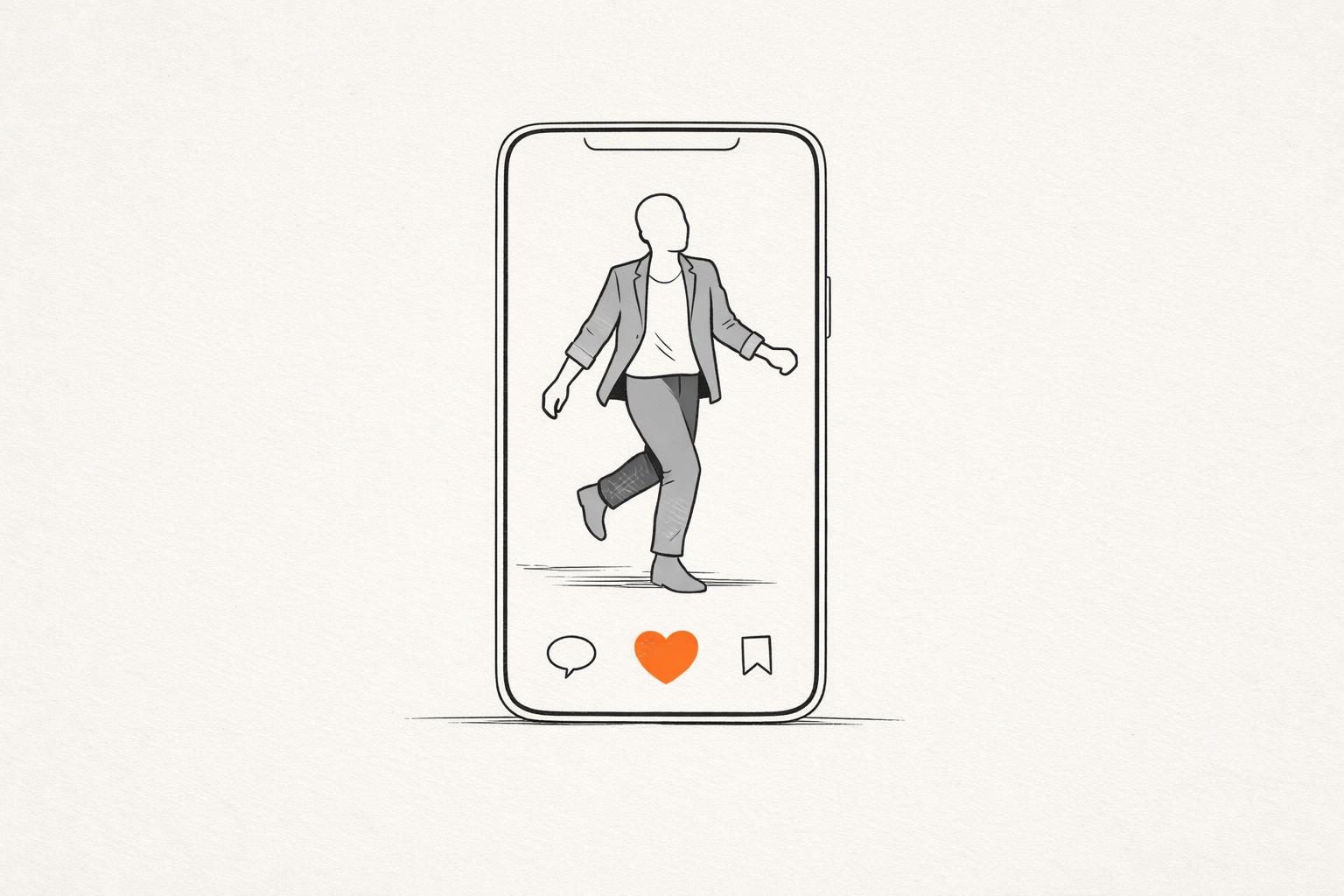 Illustration · Ein hochkant stehender Bildschirm aus feinen Linien, darauf eine gesichtslose Figur in Bewegung, darunter drei kleine Symbole, eines davon orange, als Bild für Personal Branding auf Instagram und TikTok.