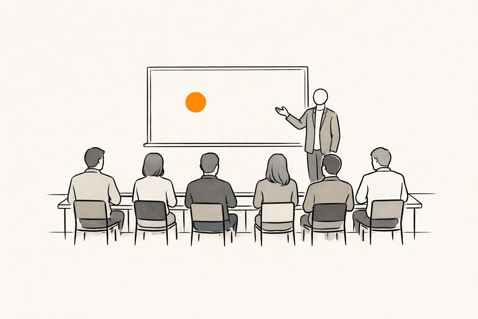 Illustration · Ein schlichter Seminarraum aus feinen Linien mit sechs gesichtslosen Figuren an Tischen, vorn eine Figur an einer leeren Tafel, auf der ein einzelner oranger Punkt leuchtet, als Bild für einen Personal Branding Kurs.