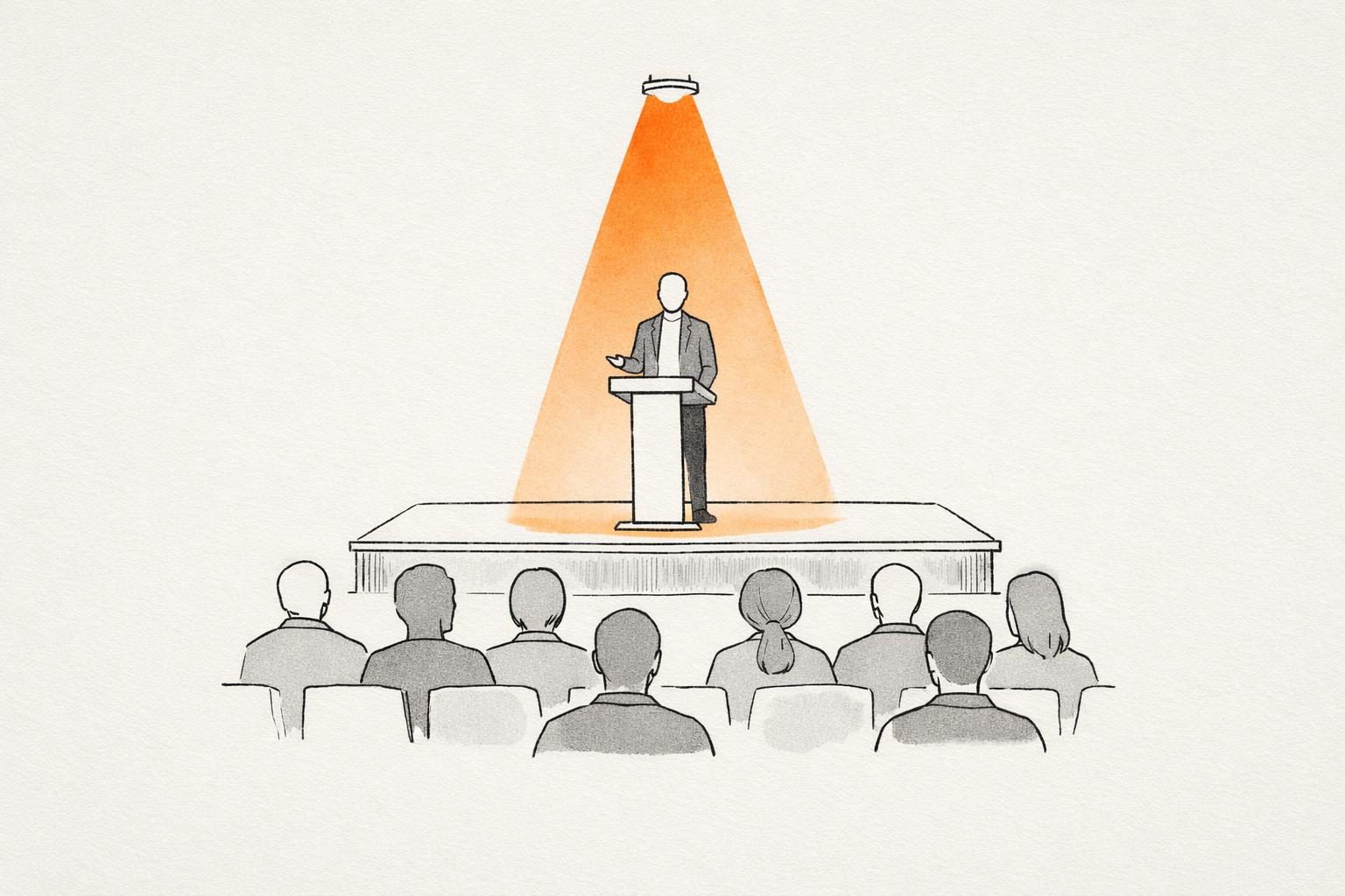 Illustration · Eine kleine Bühne aus feinen Linien mit einem Rednerpult, davor sitzen gesichtslose Figuren in wenigen Reihen, über dem Pult hängt ein einzelner oranger Scheinwerferkegel, als Bild für Personal Branding offline, auf Bühnen und in echten Begegnungen.