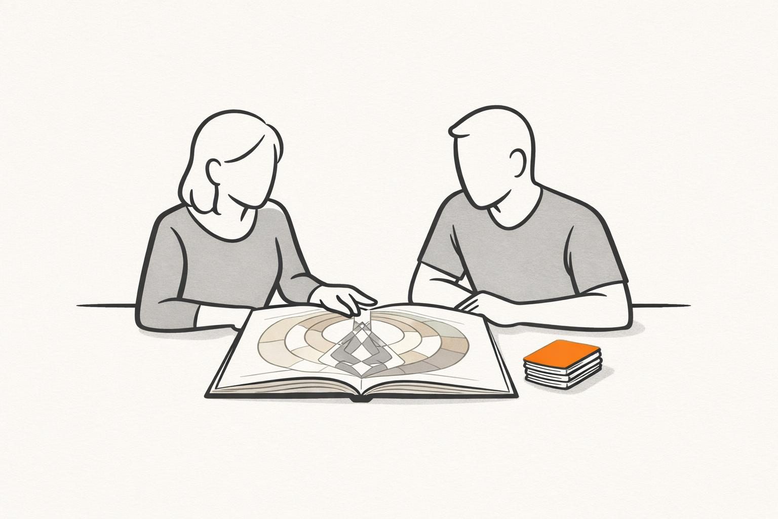 Illustration · zwei gesichtslose Figuren sitzen an einem Tisch über einem aufgeschlagenen Blatt mit den Ringen eines Human Design Charts, daneben ein Stapel kleiner Karten, die oberste orange
