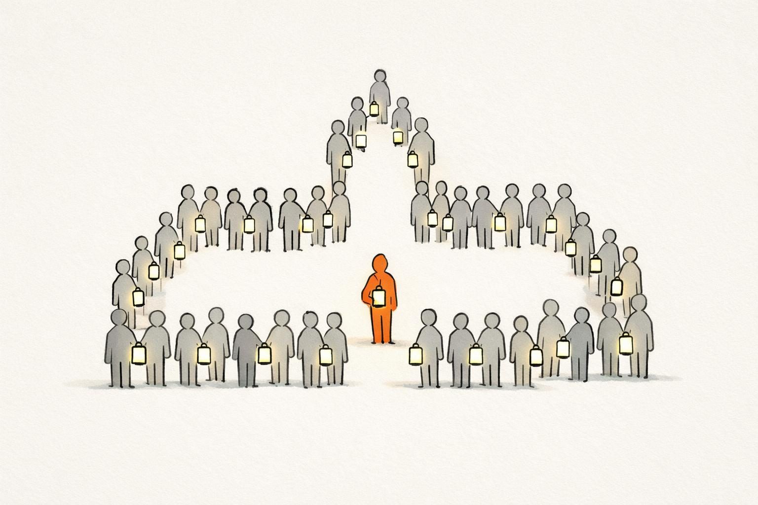 Gezeichnete Menschenmenge, die mit Laternen in den Händen die Form eines Gebäudes bildet, in der Mitte steht eine einzelne orange Figur mit Laterne