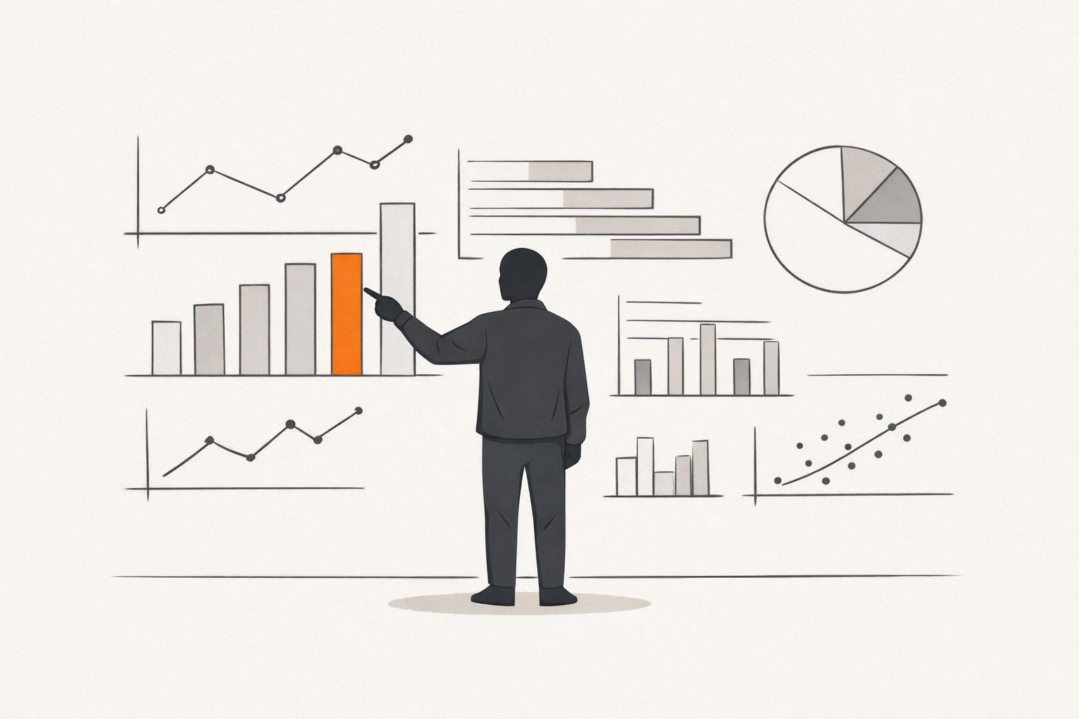 Illustration · Eine gesichtslose Figur steht vor einer Wand aus feinen Balken- und Liniendiagrammen und zeigt auf einen einzelnen orangefarbenen Balken, als Bild für belegte Zahlen zum Personal Branding.