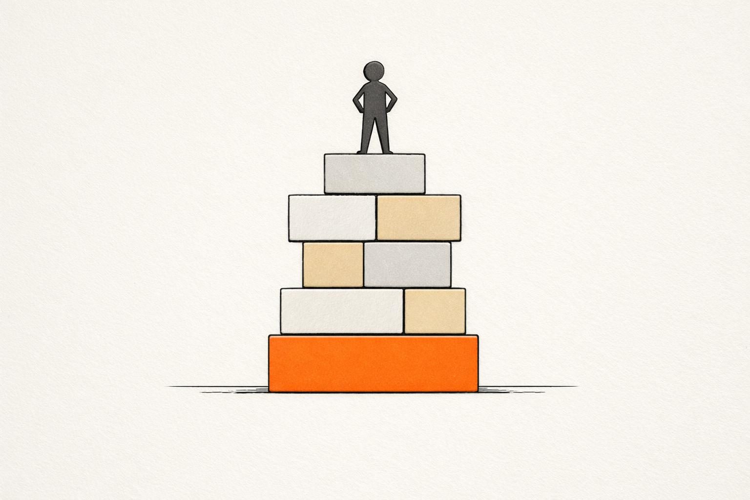 Illustration · Sieben Bausteine aus feinen Linien, zu einem stabilen Fundament gestapelt, der unterste Stein orange, darauf steht eine kleine gesichtslose Figur und blickt nach vorn, als Bild für die Personal Branding Strategie.