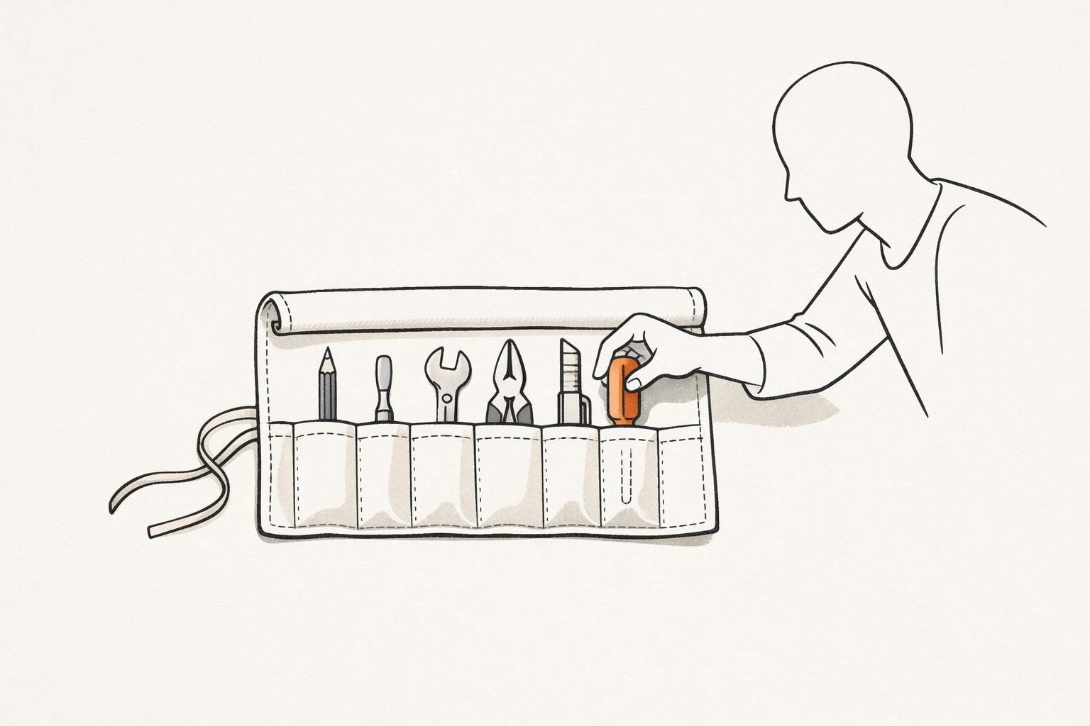 Illustration · Eine aufgeklappte Werkzeugrolle aus feinen Linien mit sechs schlichten Werkzeugen in Fächern, eines davon mit orangem Griff, daneben eine gesichtslose Figur, die eines herausnimmt, als Bild für Personal Branding Tools, von denen wenige genügen.