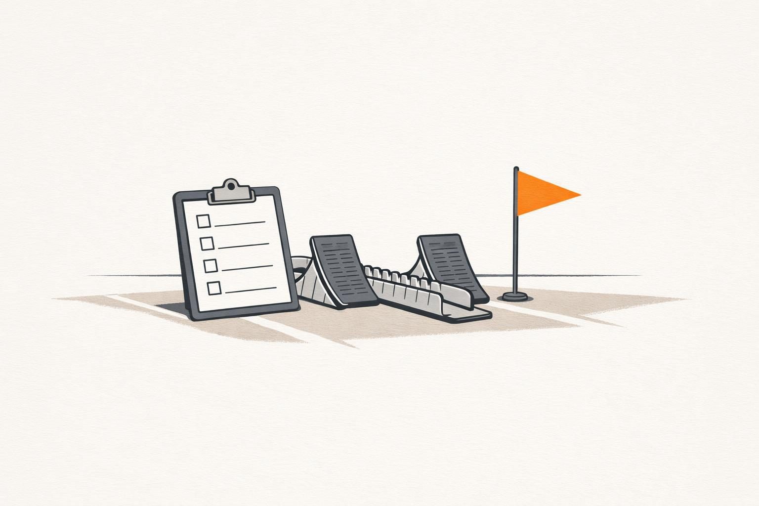 Illustration eines Startblocks auf einer Laufbahn, links daneben ein Klemmbrett mit einer Checkliste, rechts eine orangefarbene Fahne als Ziel, als Bild für die Vorbereitung vor dem Start einer Personal Brand.