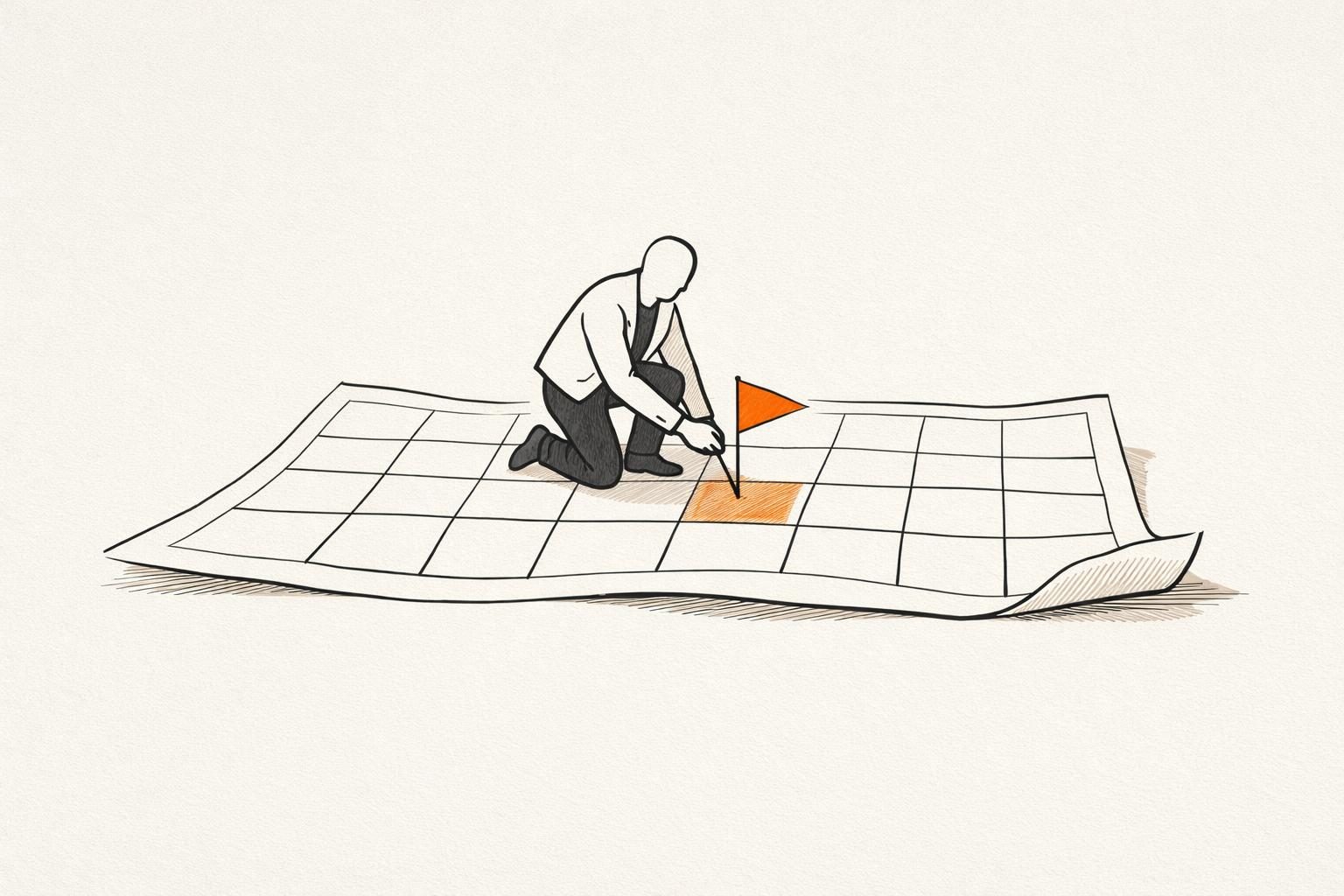 Illustration · Eine gesichtslose Figur steht auf einer Landkarte voller leerer Felder und setzt eine einzelne orangefarbene Fahne auf ein Feld, als Bild für die eigene Positionierung im Markt.