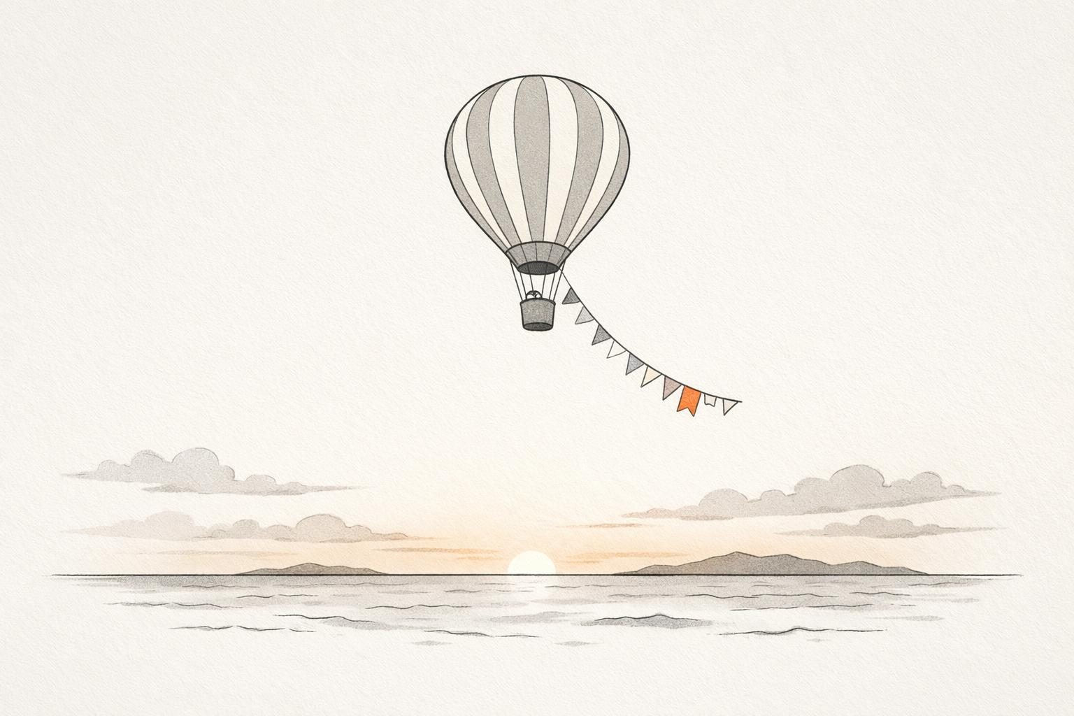 Illustration · ein einzelner Heißluftballon über einem offenen Meer, an der Gondel hängen viele kleine Fahnen, eine davon leuchtet orange