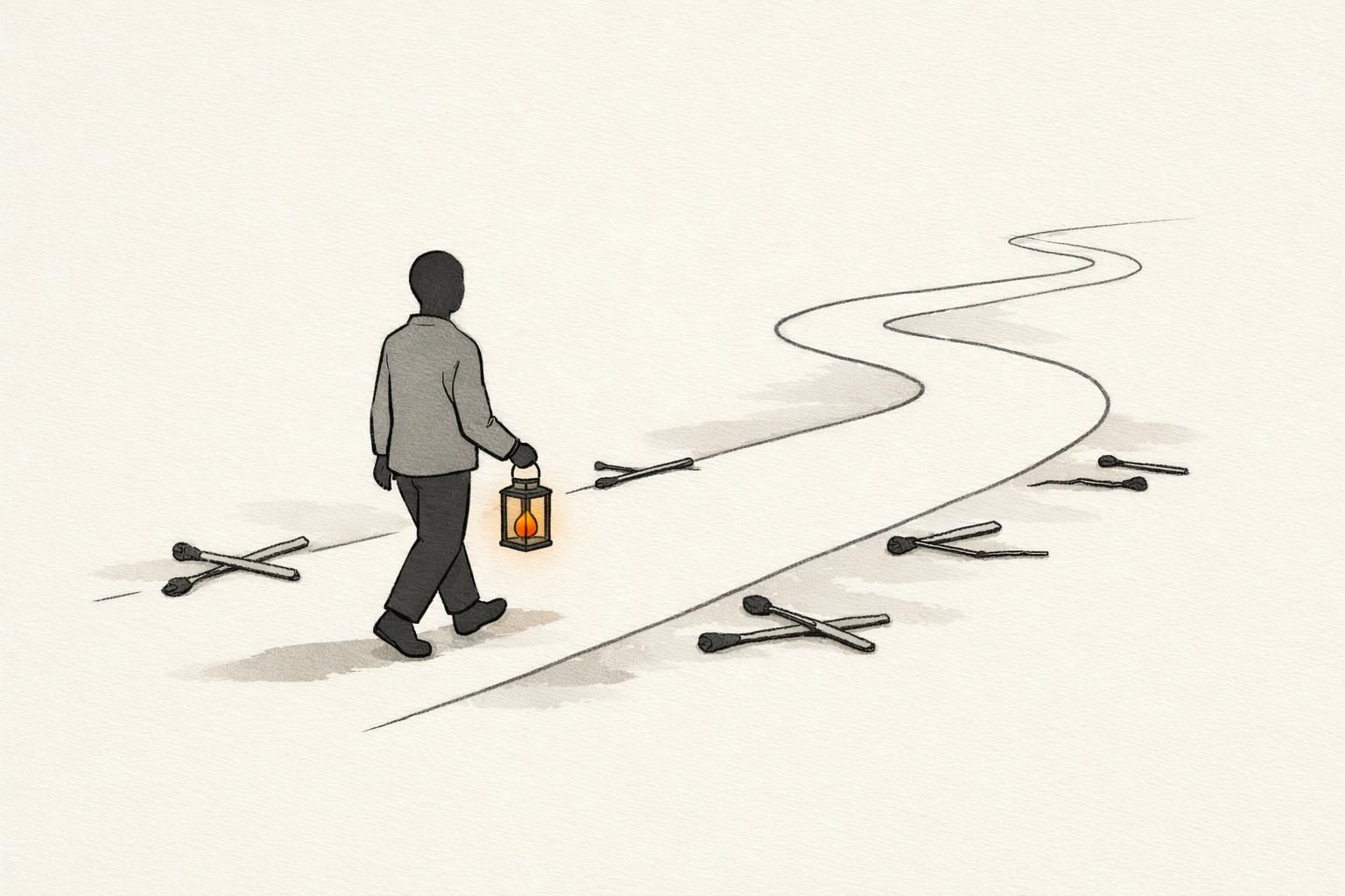 Illustration · eine gesichtslose Figur geht ruhig einen langen Weg entlang, neben ihr eine kleine orange Flamme in einer Laterne, am Wegrand liegen ausgebrannte Streichhölzer