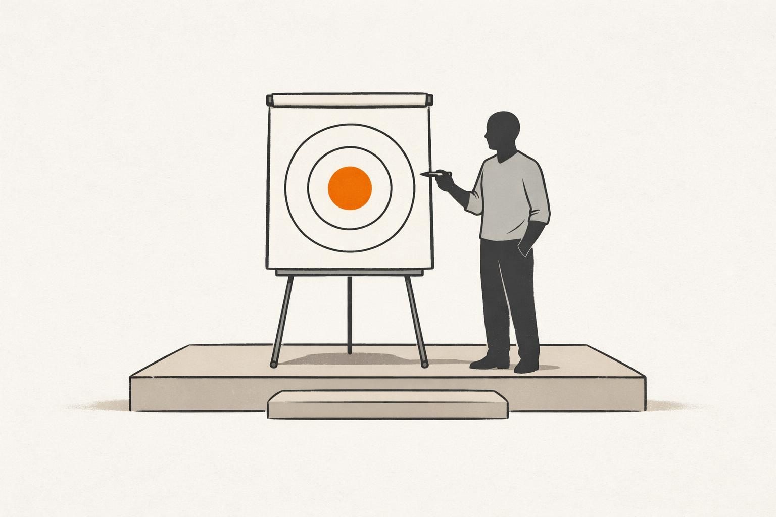 Illustration · drei konzentrische Kreise auf einem Flipchart, der innerste Kreis orange, davor eine gesichtslose Silhouette mit Stift auf einer kleinen Bühne
