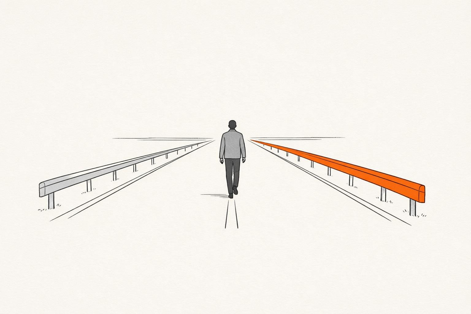 Illustration · Eine breite, offene Straße aus feinen Linien mit zwei niedrigen Leitplanken am Rand, eine gesichtslose Figur geht aufrecht in der Mitte, die rechte Leitplanke ist orange, als Bild für Social-Media-Richtlinien, die Freiheit lassen und trotzdem schützen.