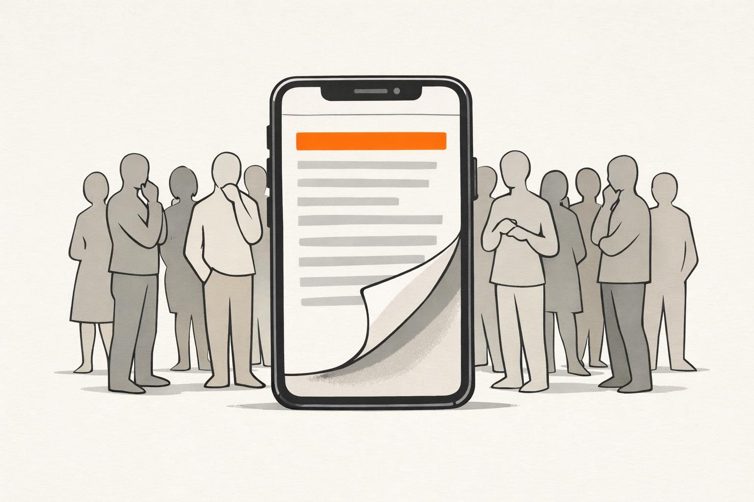 Illustration · Ein Smartphone mit einem Beitrag, dessen erste Zeile orange leuchtet, darunter ein gefalteter Rand wie ein umgeknicktes Blatt, dahinter viele gesichtslose Silhouetten, die stehen bleiben und lesen.