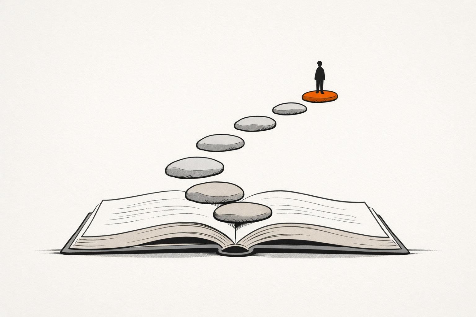 Illustration · ein aufgeschlagenes Buch liegt flach auf einer ruhigen Fläche, aus seinen Seiten steigt ein Pfad aus sechs kleinen Trittsteinen nach oben, der letzte Stein ist orange und trägt eine winzige gesichtslose Figur