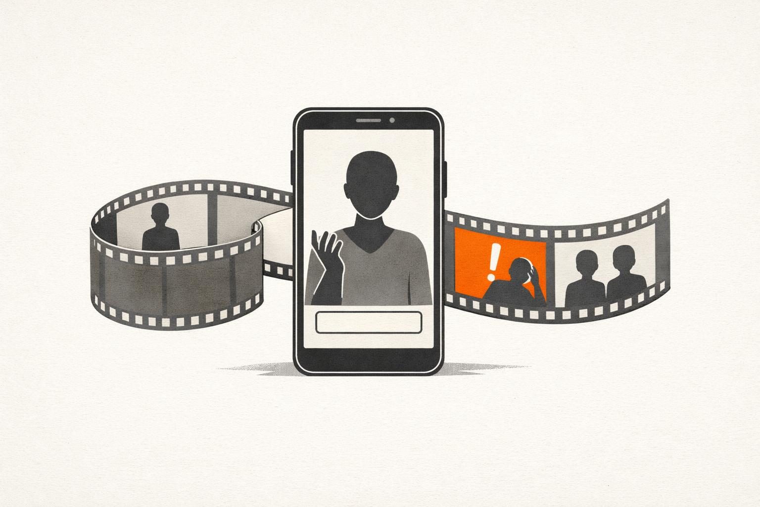 Illustration · Ein hochkant stehendes Smartphone, auf dem eine gesichtslose Figur in die Kamera spricht, aus dem Bildschirm läuft ein Filmstreifen heraus, dessen drei Bilder Anfang, Wendung und Ende zeigen, die Wendung orange markiert.