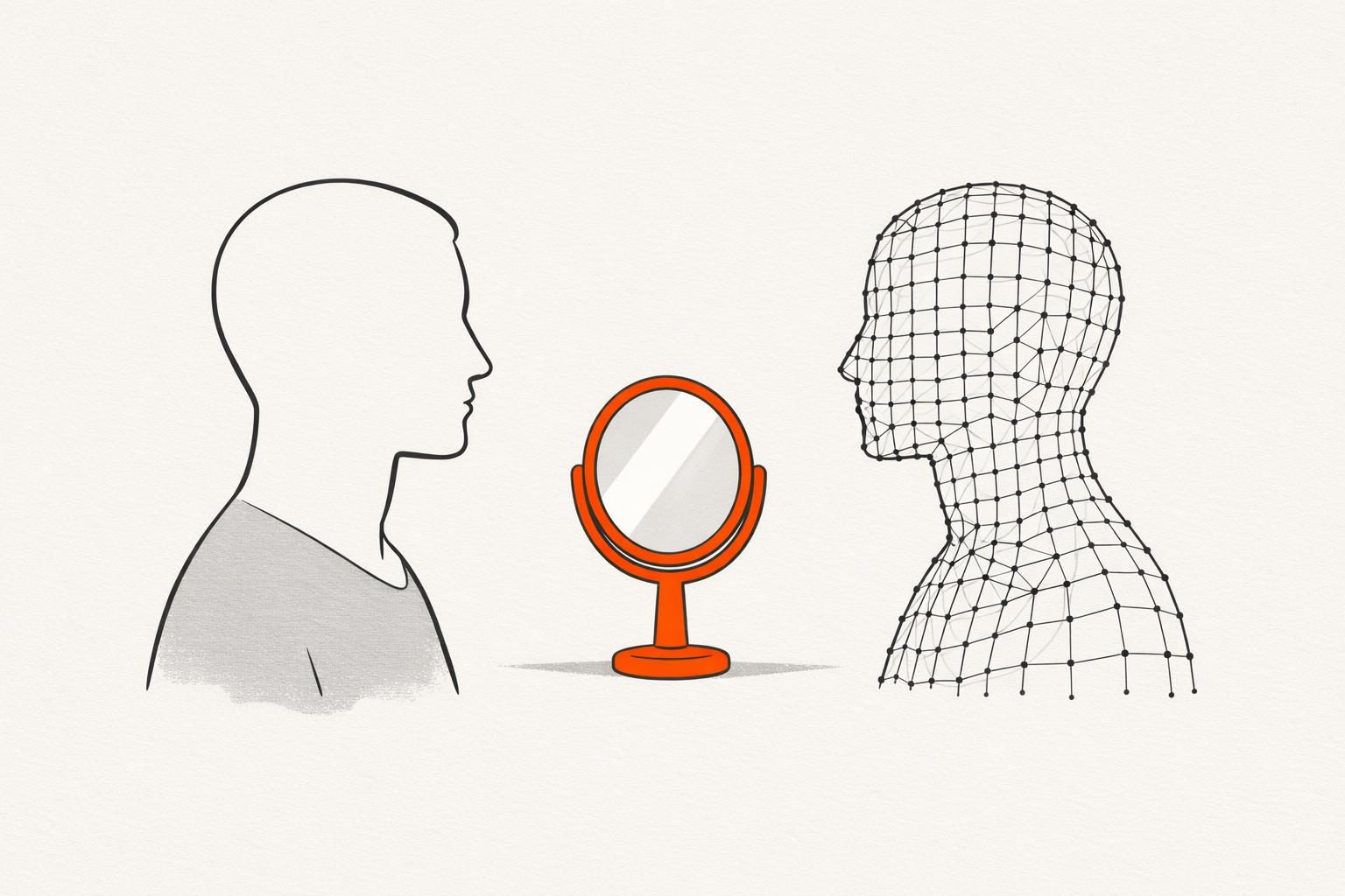 Illustration · zwei gesichtslose Silhouetten stehen sich gegenüber, die linke aus feinen Tuschelinien, die rechte aus einem Gitternetz aus Punkten, zwischen ihnen ein kleiner orangefarbener Spiegel