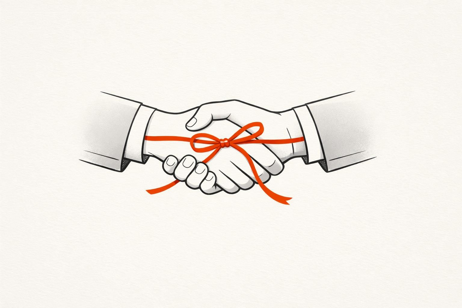Illustration zweier Hände in Hemdsärmeln, die sich die Hand geben, umschlungen von einer orangefarbenen Schleife, als Bild für das Versprechen, das eine Personal Brand gegenüber anderen abgibt.