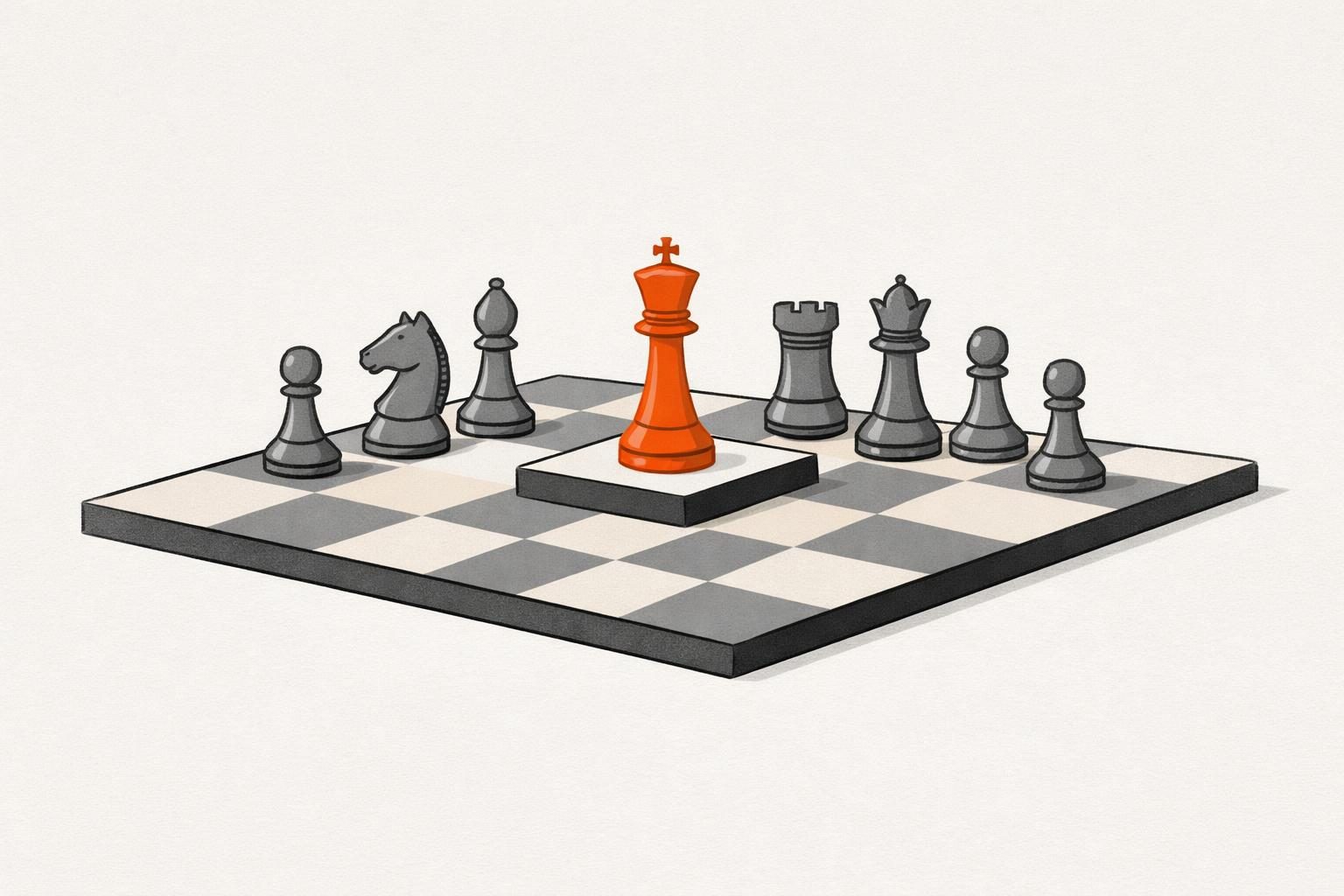 Illustration eines Schachbretts: Ein orangefarbener König steht erhöht auf einem eigenen Feld in der Mitte, umgeben von grauen Figuren, als Bild für eine Führungskraft, die sichtbar Position bezieht.