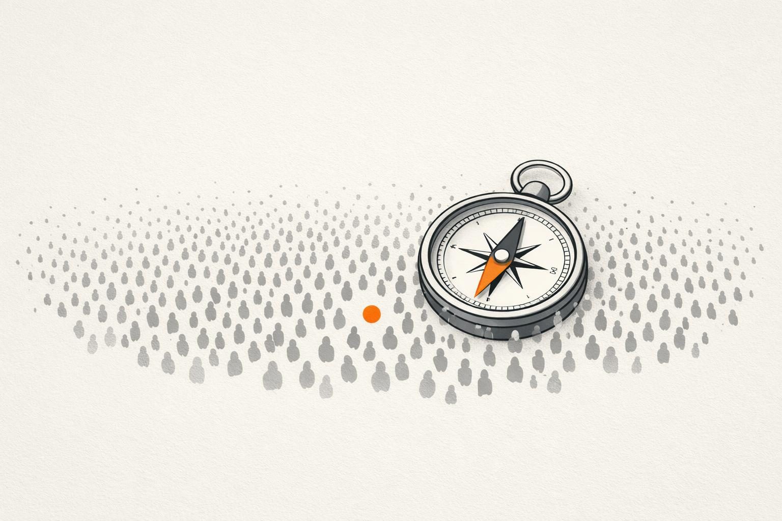 Illustration eines Kompasses mit orangefarbener Nadel inmitten einer grauen Menge kleiner Figuren, in der ein einzelner orangefarbener Punkt hervorsticht, als Bild für Orientierung und Sichtbarkeit in der Masse.