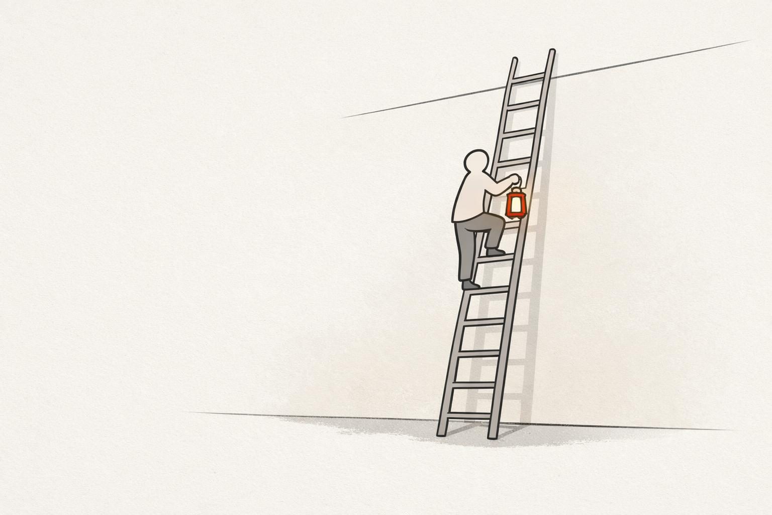 Illustration einer gesichtslosen Figur, die mit einer leuchtend orangefarbenen Laterne in der Hand eine lange Leiter an einer hellen Wand hinaufsteigt, als Bild für eine Karriere, die nach dem eigenen Weg sucht.