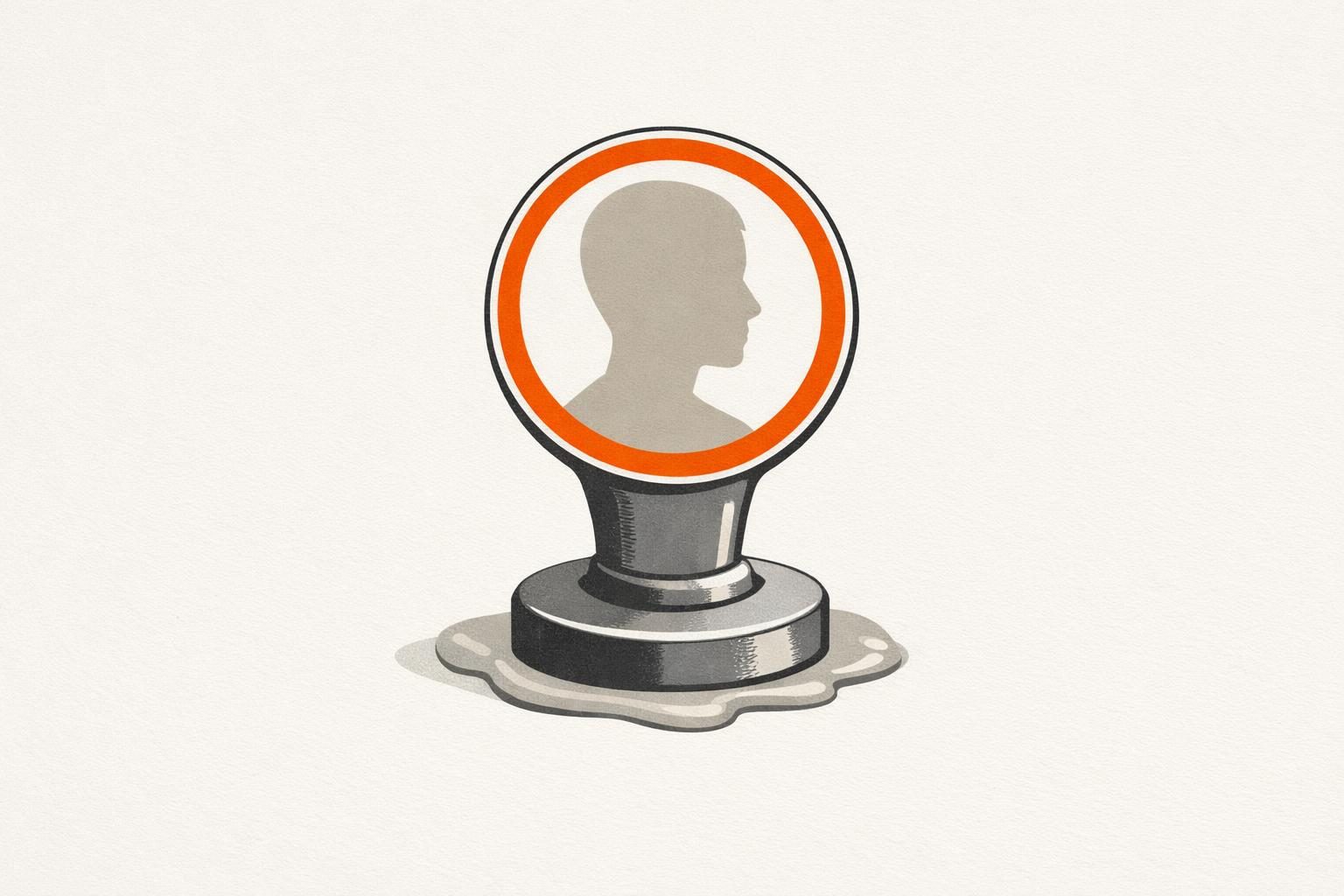 Gezeichnete Illustration eines Stempels, dessen runder, orange umrandeter Griff die graue, gesichtslose Silhouette eines Kopfes zeigt, als Sinnbild für das Profilbild als Markenzeichen