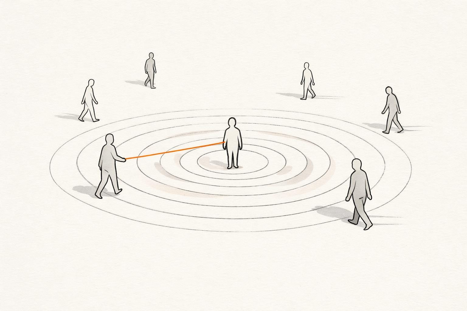 Illustration · eine kleine gesichtslose Figur steht still in der Mitte weicher konzentrischer Ringe, mehrere kleine Figuren treiben von den Rändern auf sie zu, ein dünner orangefarbener Faden verbindet sie mit der nächsten