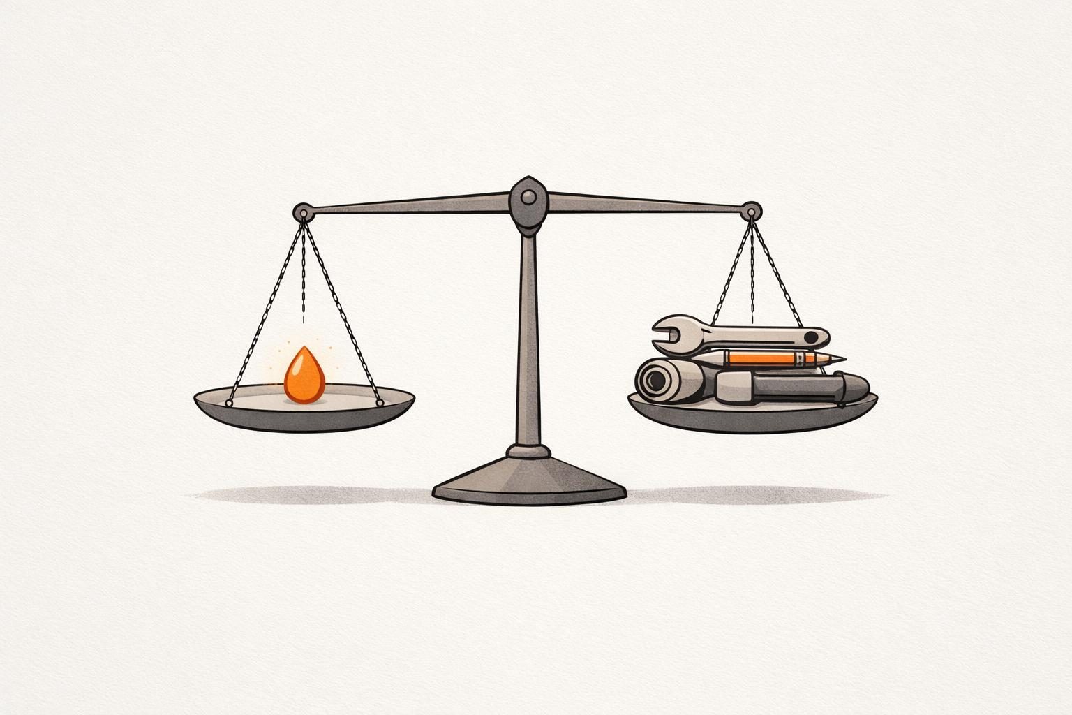 Gezeichnete Balkenwaage mit einem leuchtenden orangefarbenen Tropfen auf der einen und Werkzeugen wie Schraubenschlüssel und Stift auf der anderen Schale, als Bild für Talent und Fleiß